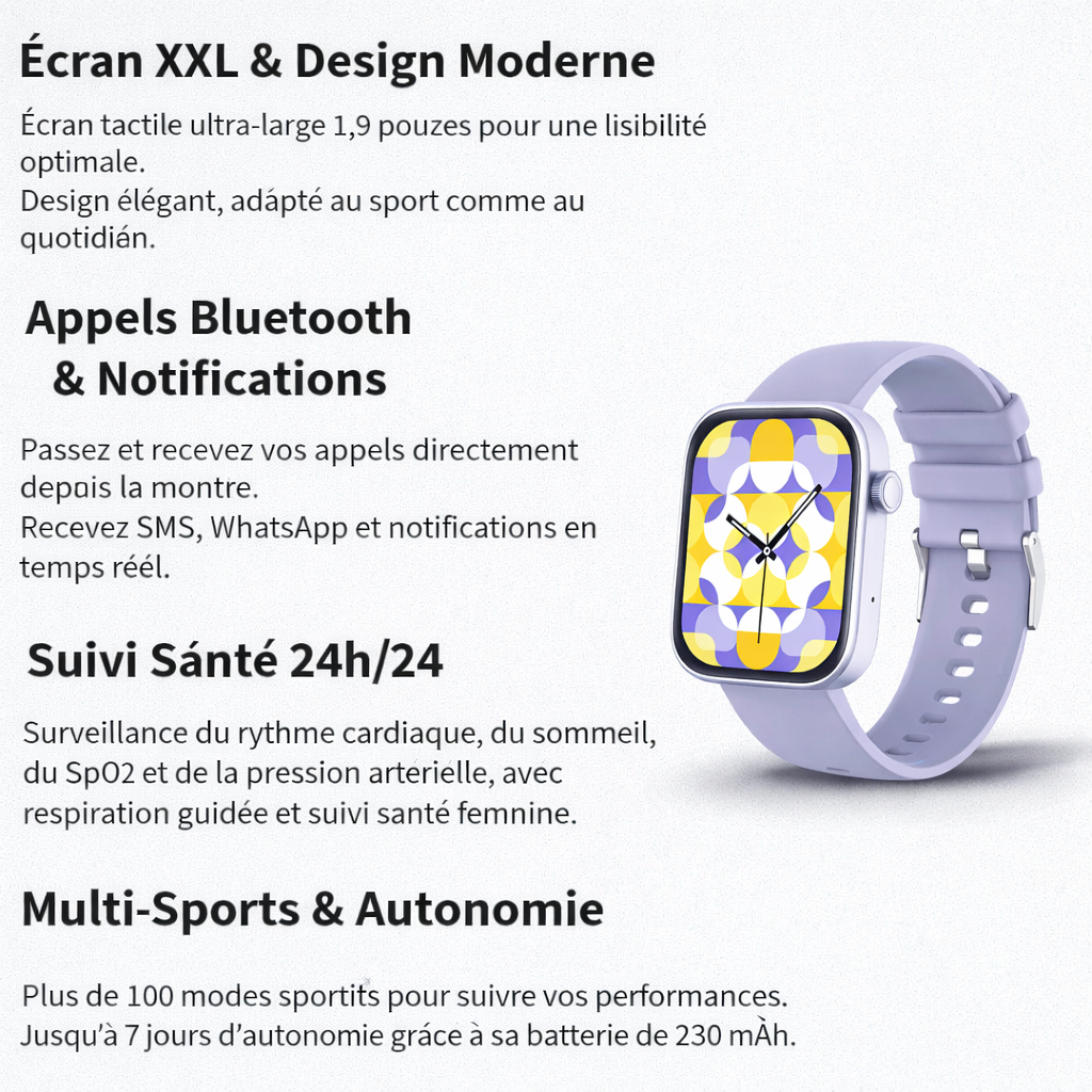 Montre connectée mixte avec suivi de santé - appels vocaux et assistant vocal