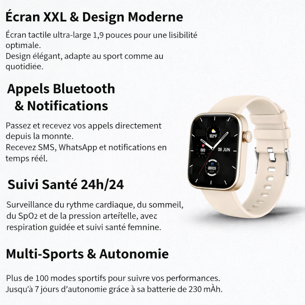 Montre connectée mixte avec suivi de santé - appels vocaux et assistant vocal