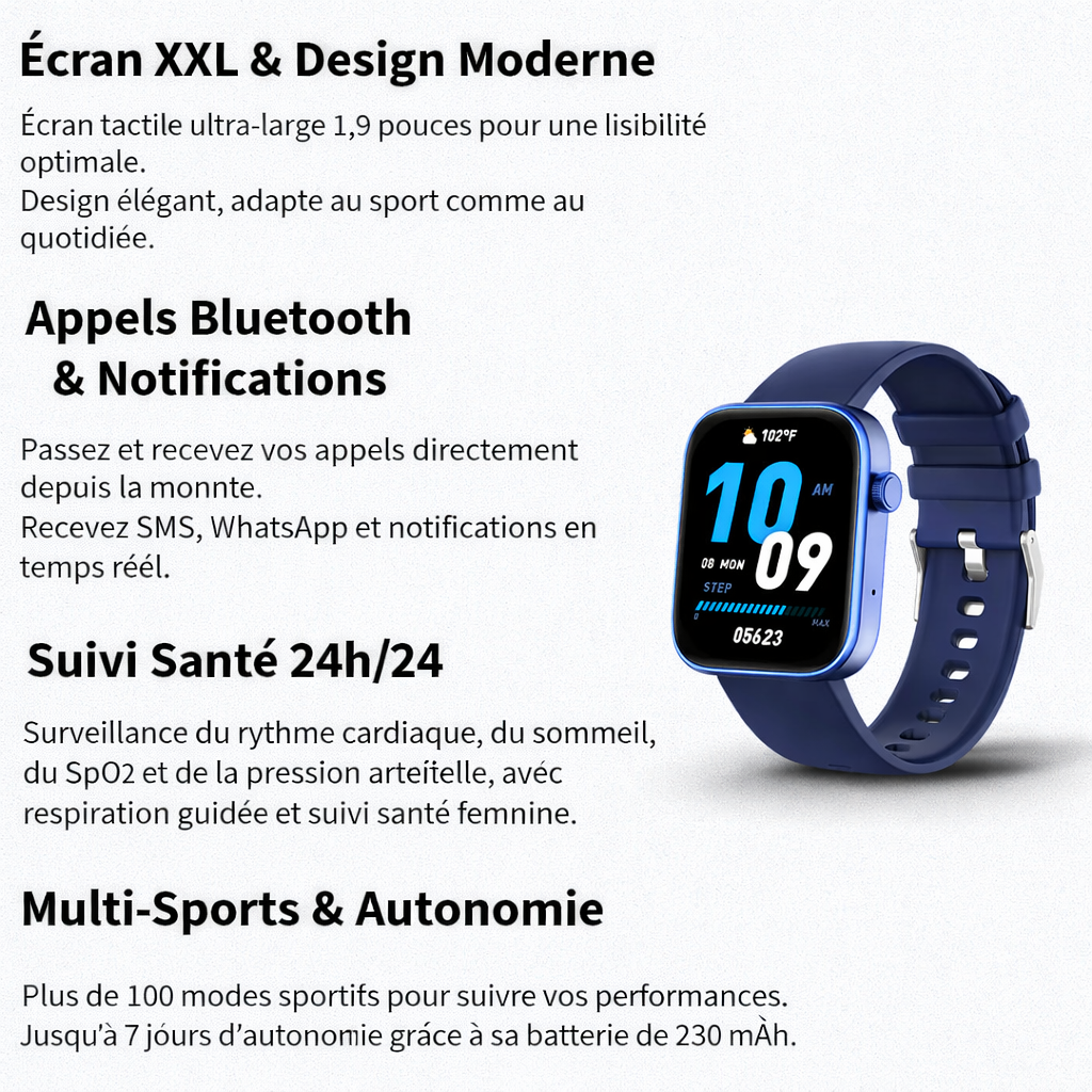 Montre connectée mixte avec suivi de santé - appels vocaux et assistant vocal