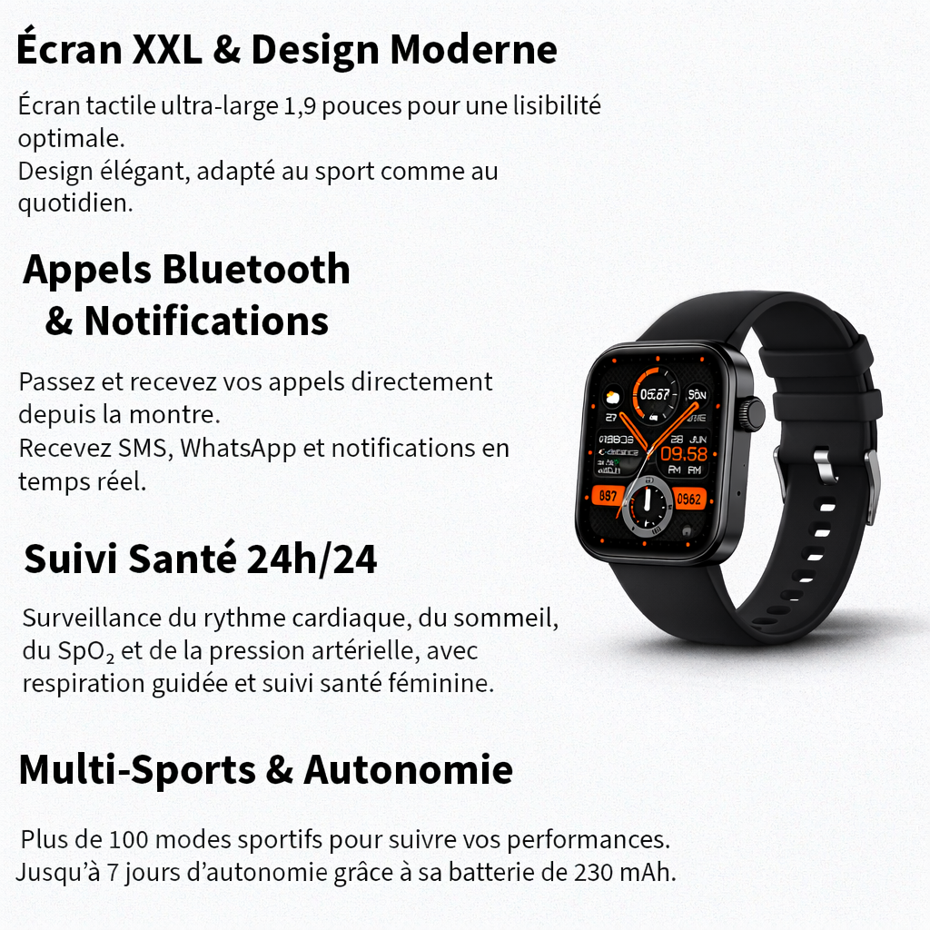 Montre connectée mixte avec suivi de santé - appels vocaux et assistant vocal